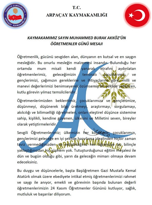 Kaymakamımız Muhammed Burak AKKÖZ'ün Öğretmenler Günü Mesajı